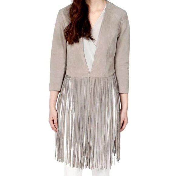 NWT Soia & Kyo Romie Collarless Light Grey Suede Long fringe Boho Jacket XS - Picture 1 of 13